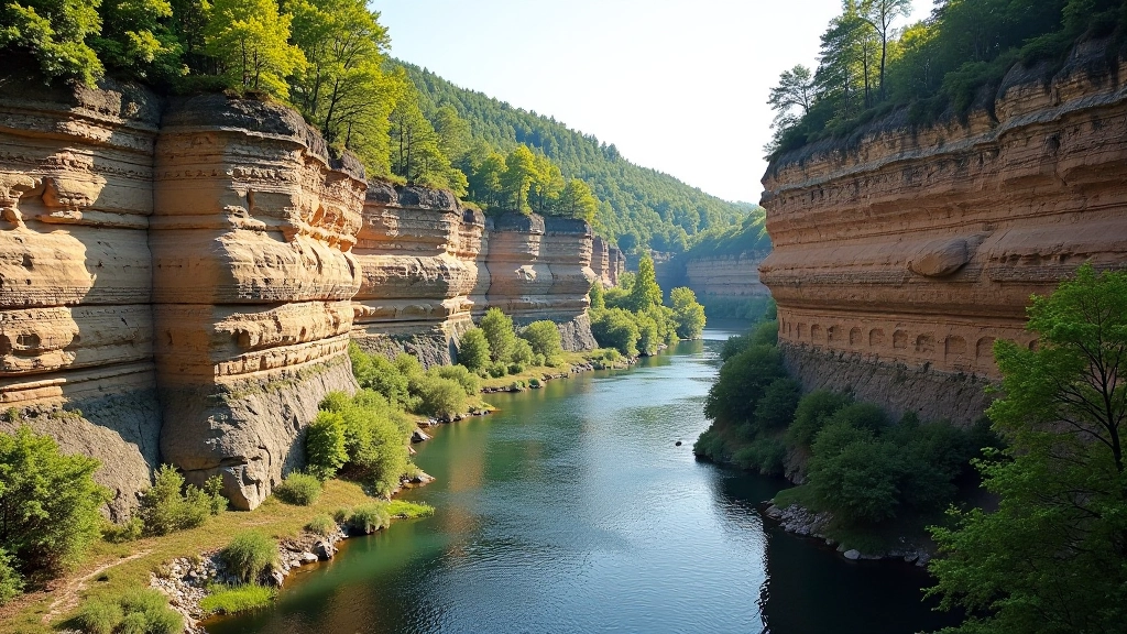 Smilšakmens klints skaistā panorāma ar Gauju apakšā, dažādu ģeoloģisko slāņu raksturojums